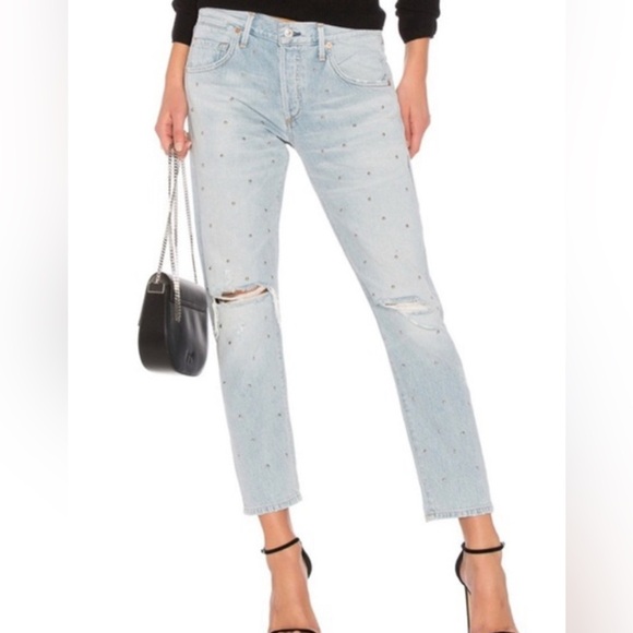 Citizens Of Humanity Denim - Citizens of Humanity Emerson Studded Slim Boyfriend Jeans Distressed Light 28”